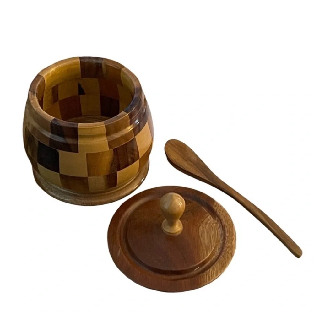 Hand Turned Checkerboard Wood Honey Pot